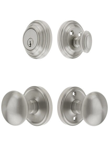 Grandeur Georgetown Entry Door Set, Keyed Alike with Fifth Avenue Knobs in Satin Nickel.